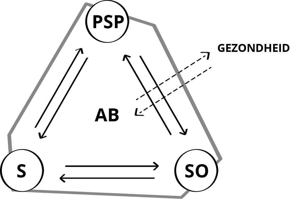 Legenda. AB = allostatisch belastingmodel; S = stressor; PSP = persoonlijk stresspatroon; SO = sensitieve omgeving.