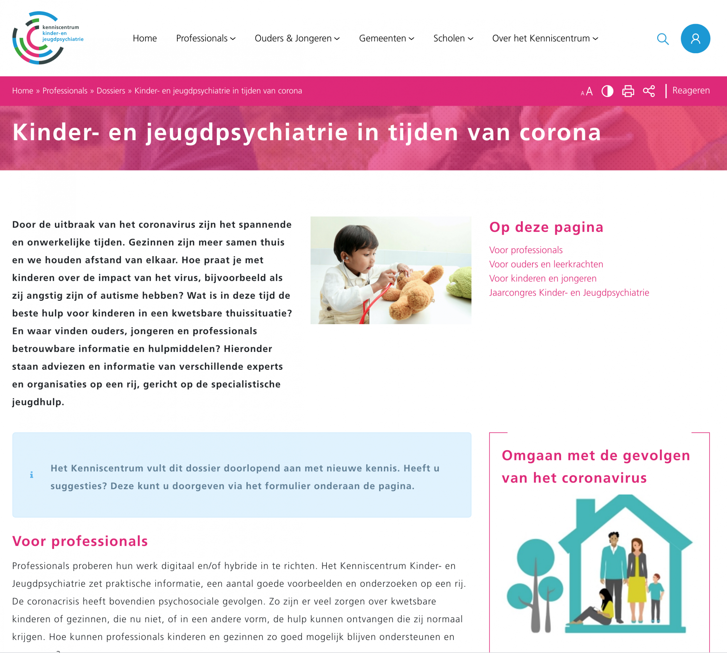 Webpagina met informatie voor professionals, ouders, leerkrachten en jeugd.